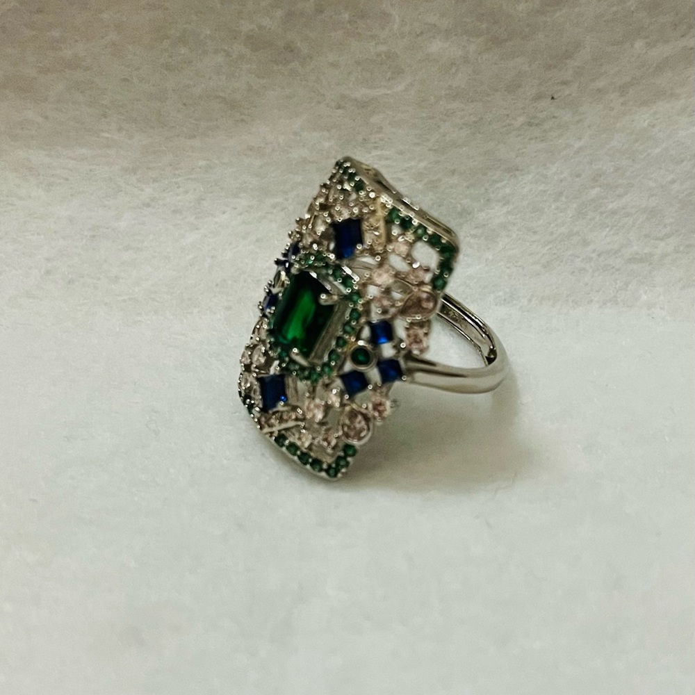 Multi Color Crystal Octagon Shape Silver Plated R… - image 4